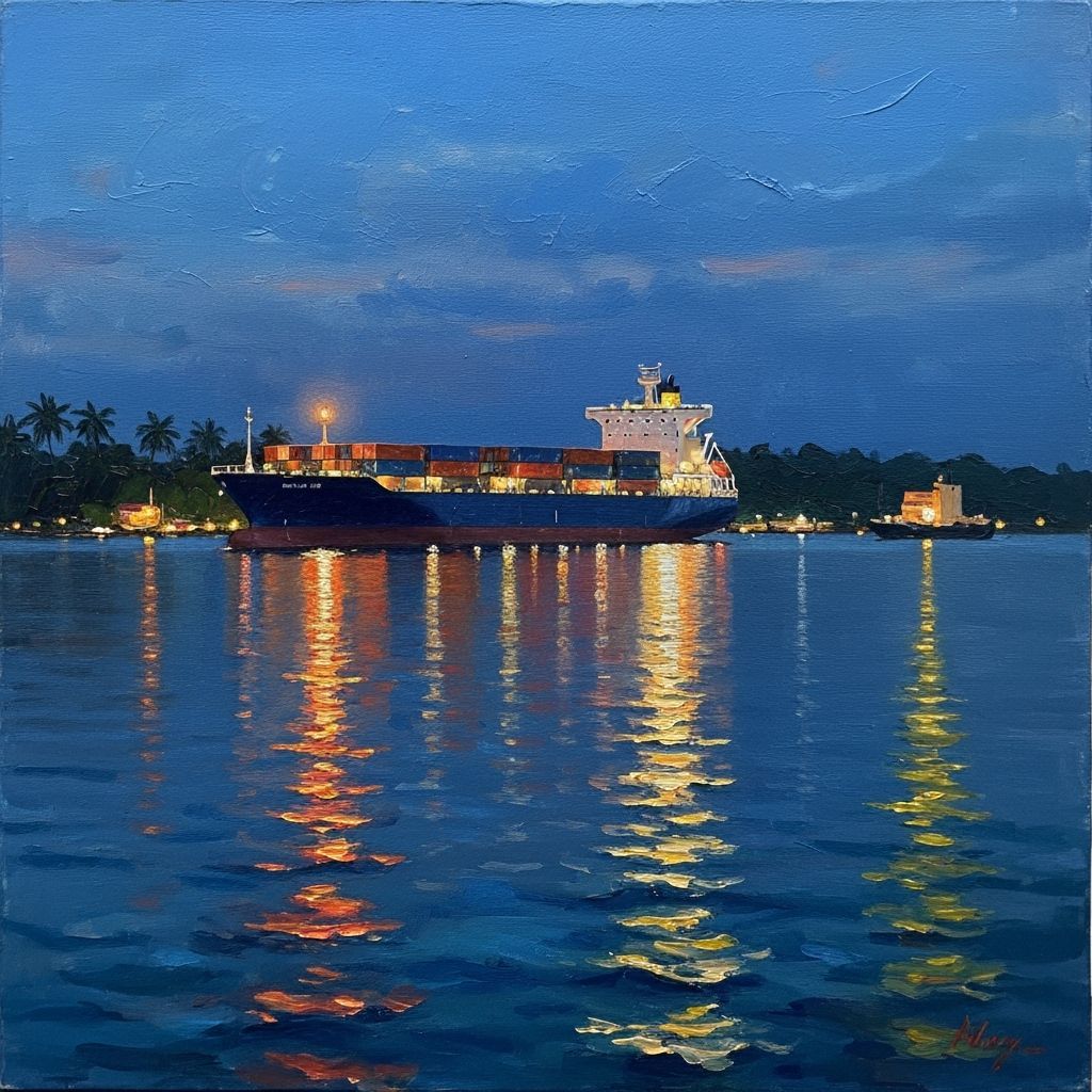 Freighter with containers in tropical seas