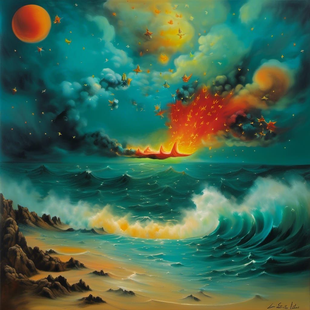 Surreal Campfire on Beach at Night in Dali Style