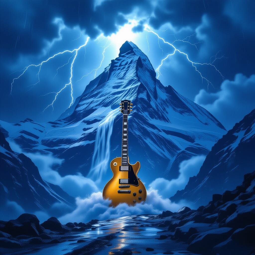 Landslide Guitar on Swiss Mountain in Futuristic Style