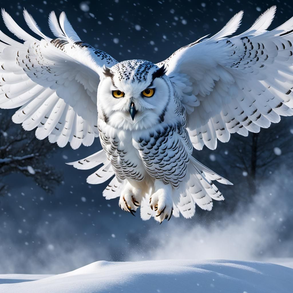 Snowy Owl Landing in Winter Moonlight