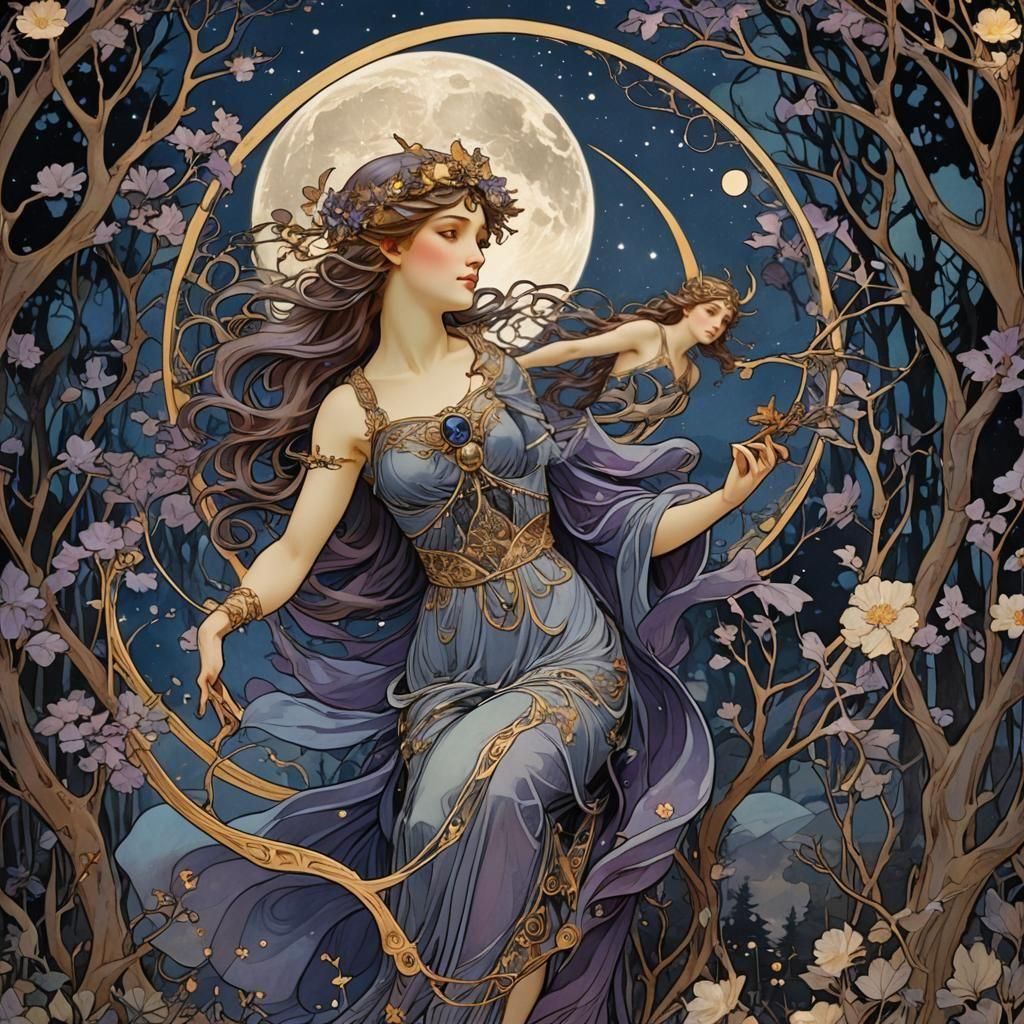 Artemis, Moonlit Huntress in Art Nouveau Style