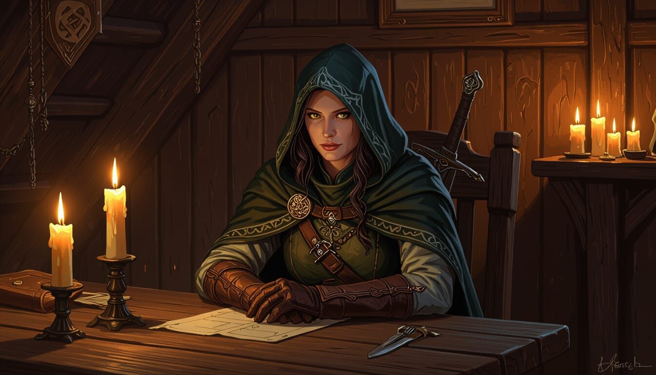 Imoen at Candlelit Table, Fantasy Art Style