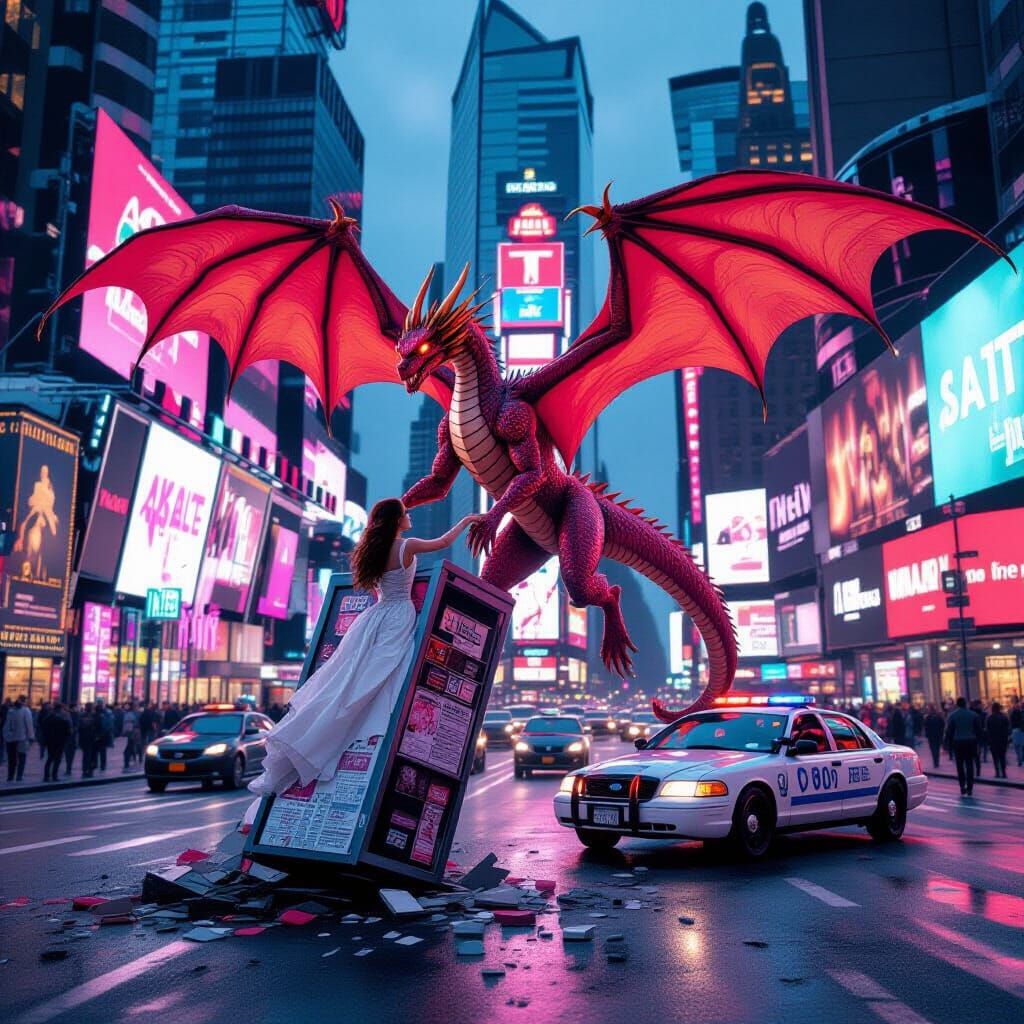 Dragon Ascends Times Square in Cyberpunk Style