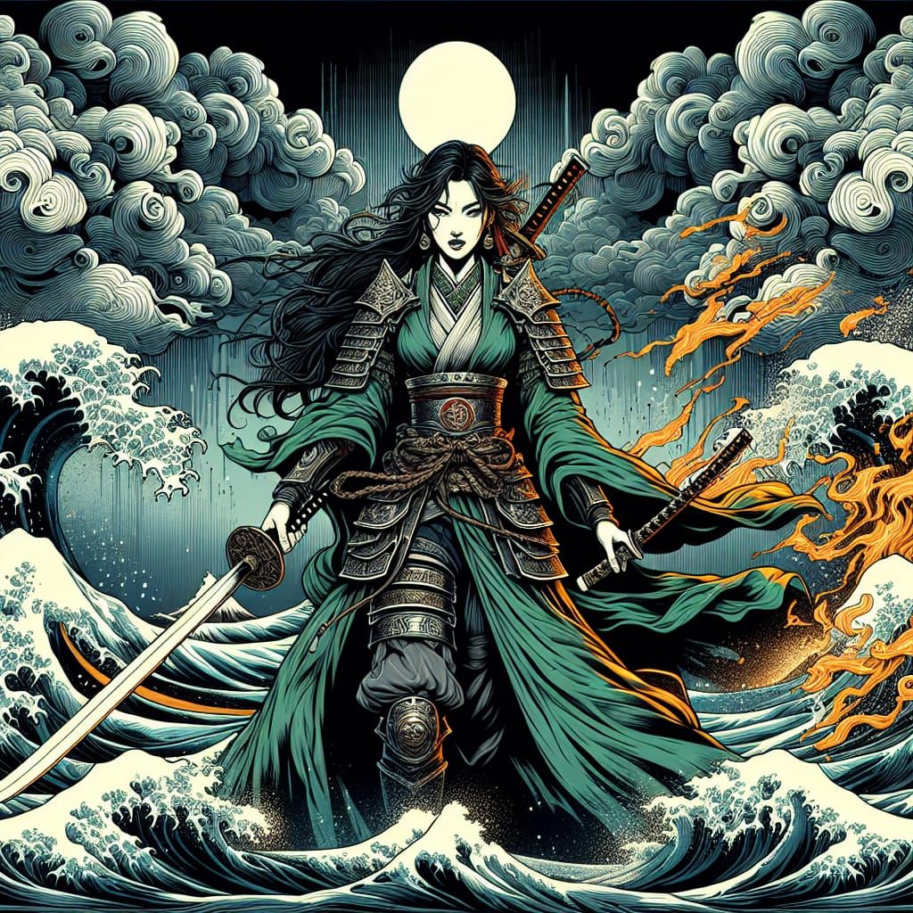 A manga-style illustration in a semi-realistic style. A fier...