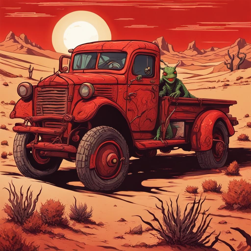 Futuristic Desert Truck Hunt Under Red Sun