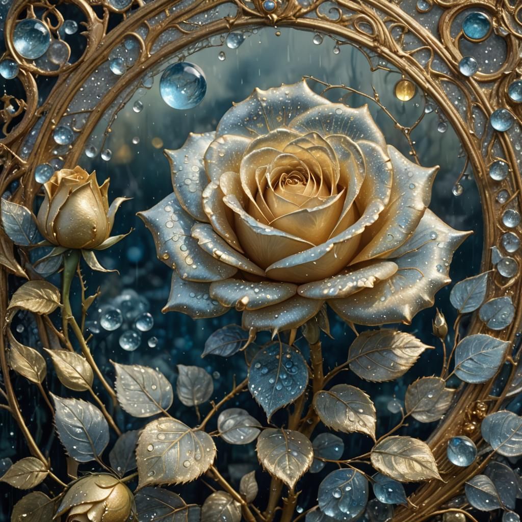Hyperdetailed Gold and Silver Rose with Dew Drops