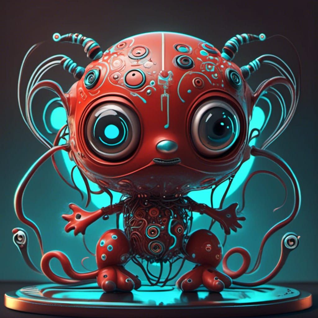 Adorable Circuit Creature on Bioluminescent Motherboard