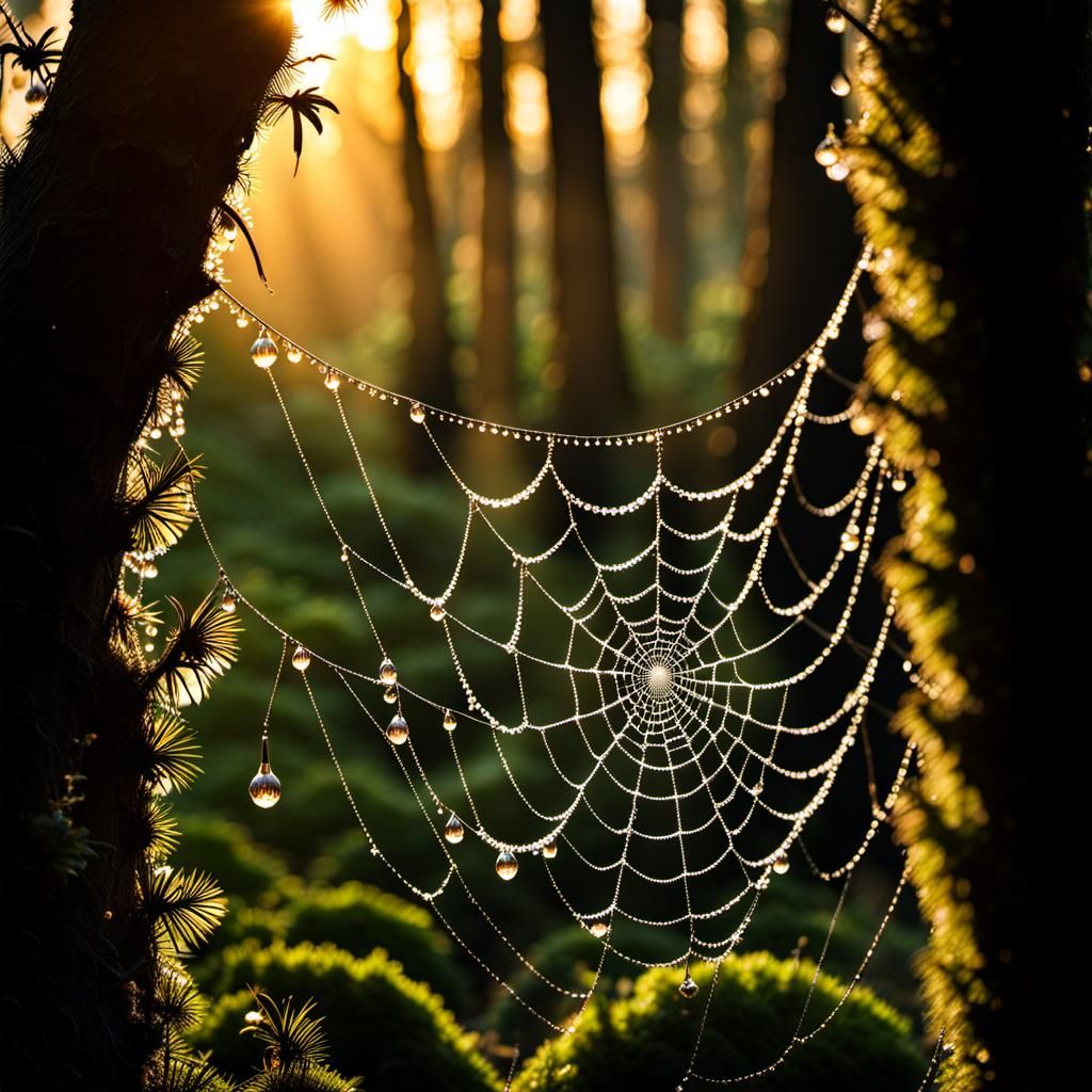 Steampunk Spiderweb in Forest at Sunrise
