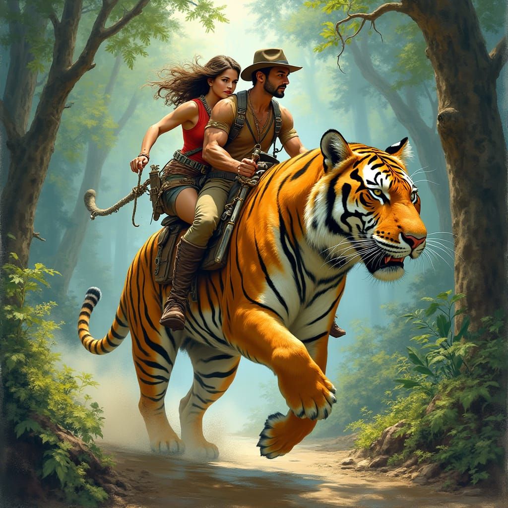 Adventurous Couple Riding a Tiger in Lush Jungle