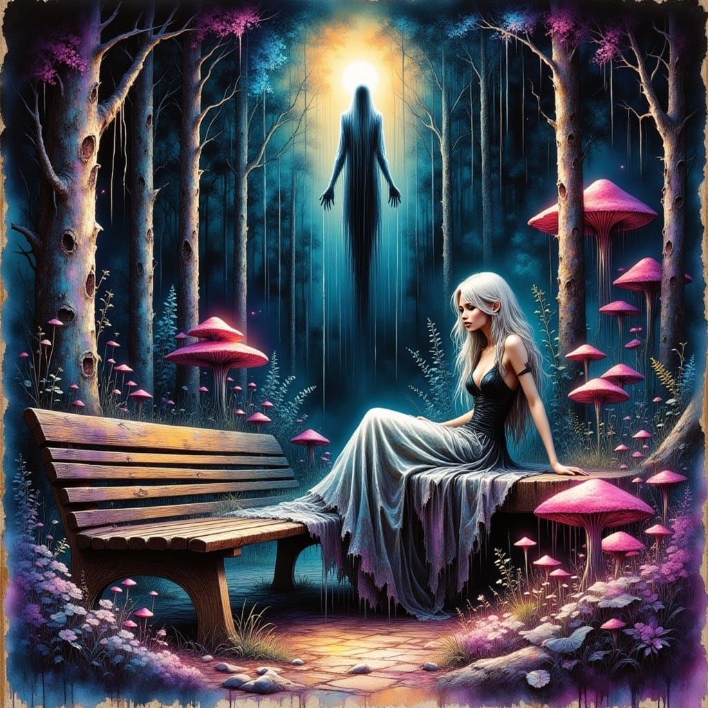 Eerie Forest Encounter: Ghostly Spirit in Watercolor Style