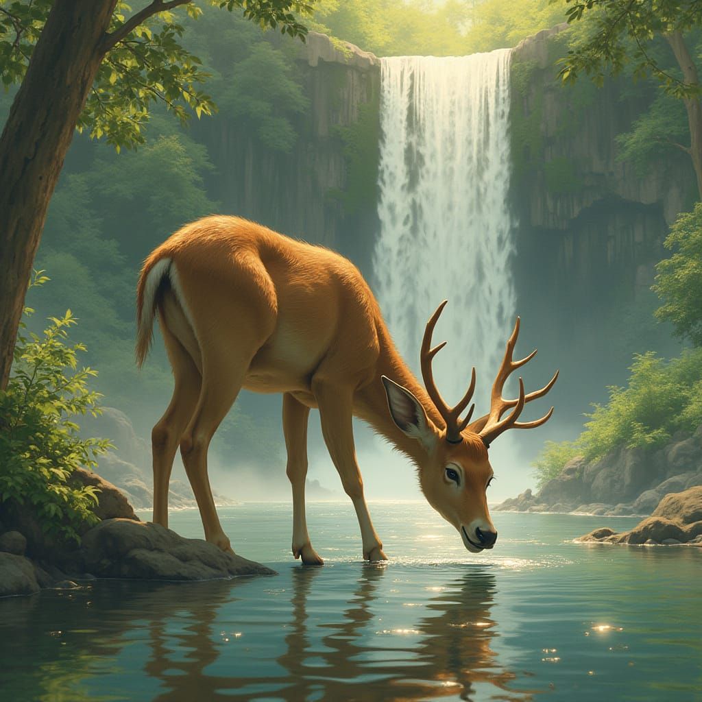 Hyperrealistic Deer Drinks From Lake With Ukiyo-e Waterfall