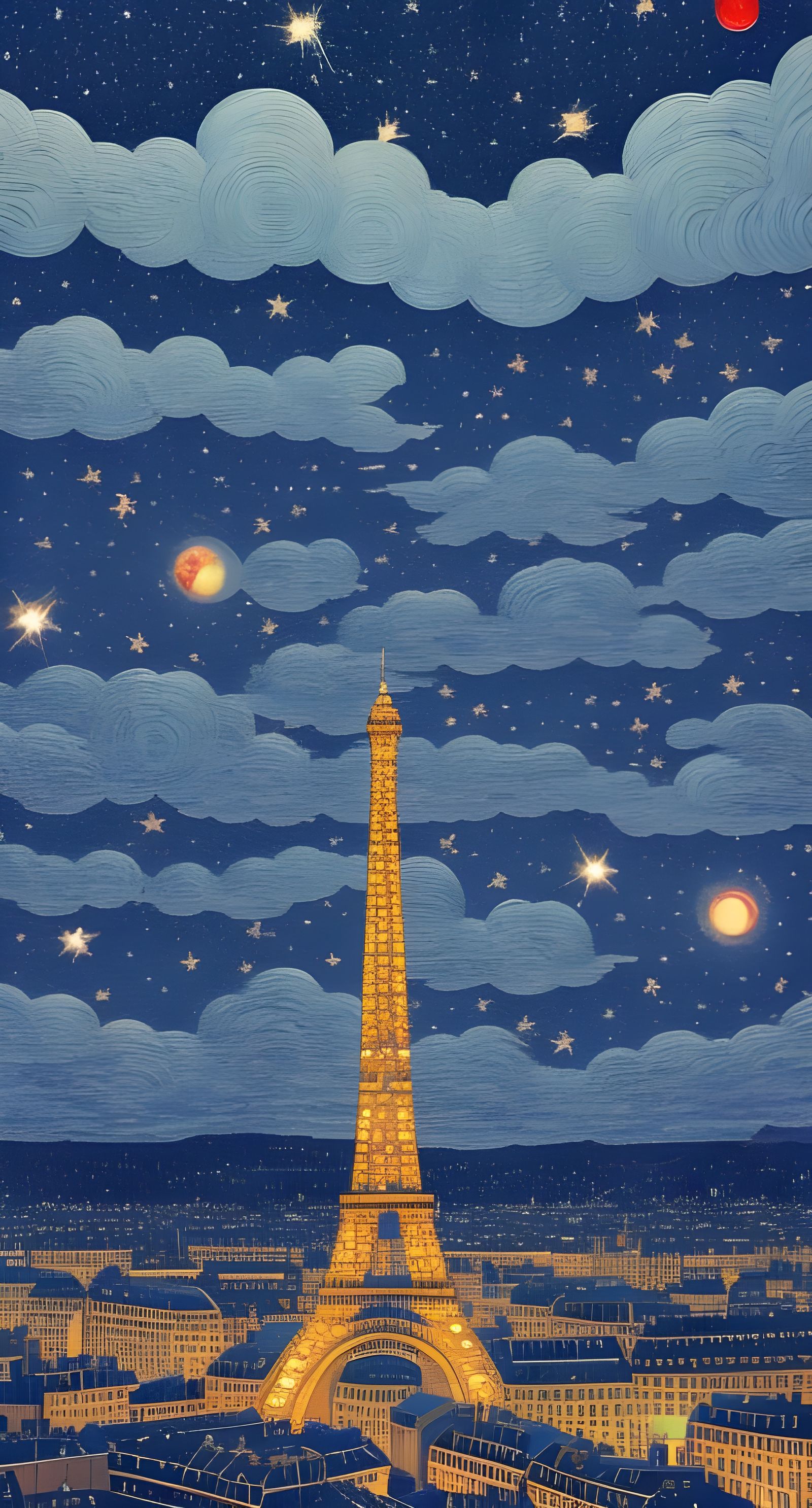 Starry Night Over Paris: Intricate Surrealist Masterpiece