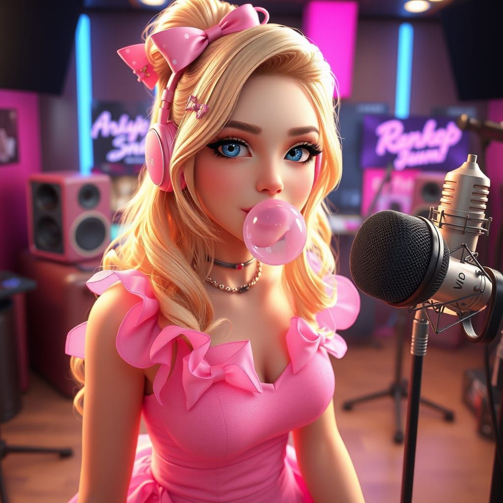 Glamorous 3D Anime Pop Star in Recording Studio