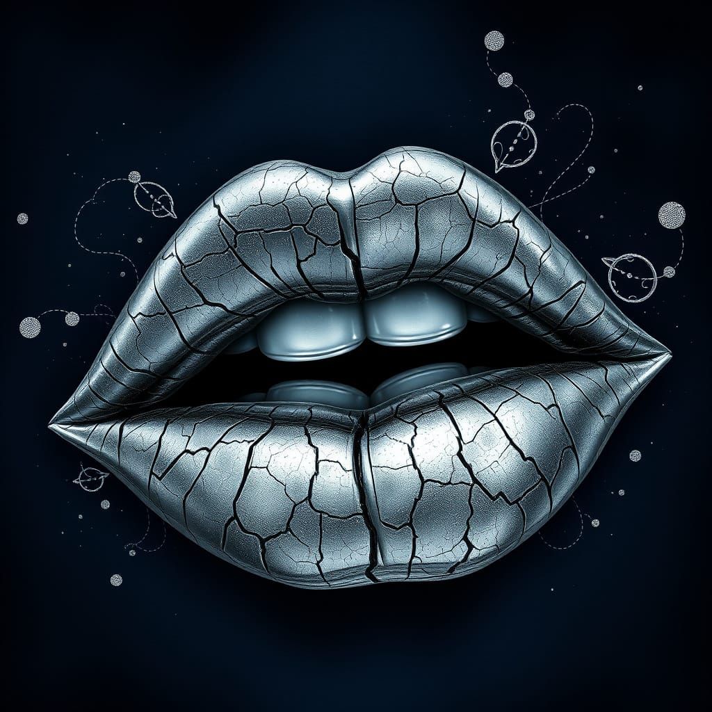 Ethereal Art Nouveau Lips in Deep Blue, Shimmering Silver, a...