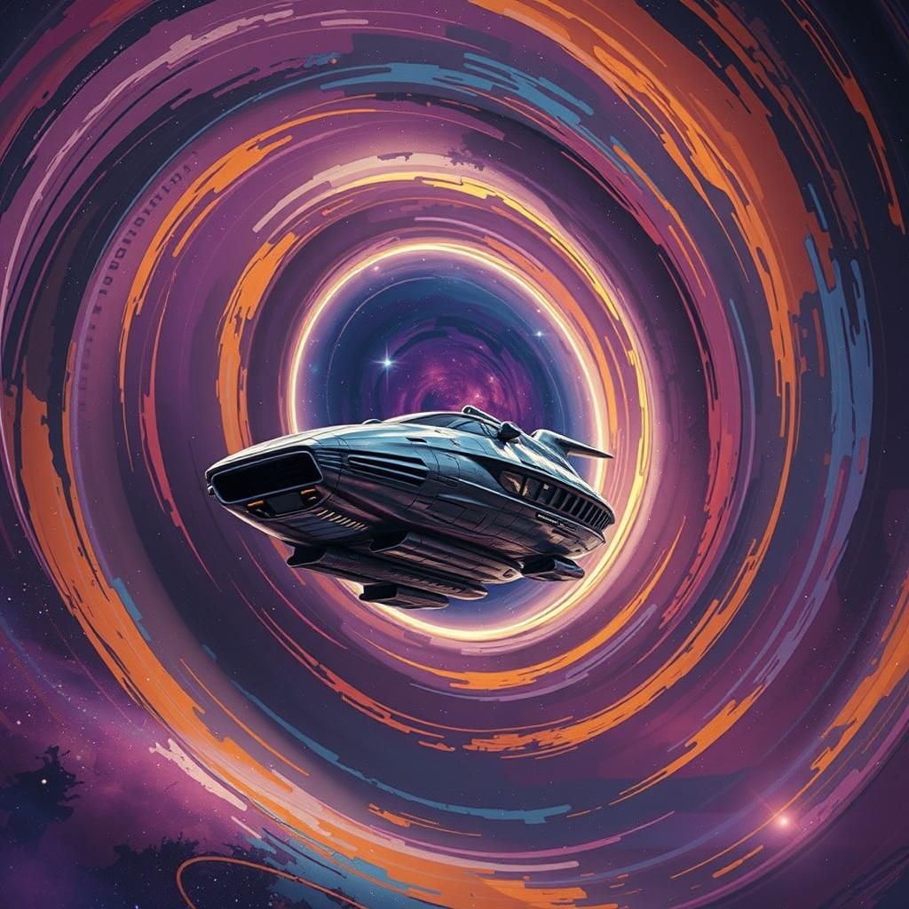 Spaceship Glides Through Wormhole in Rothko Style