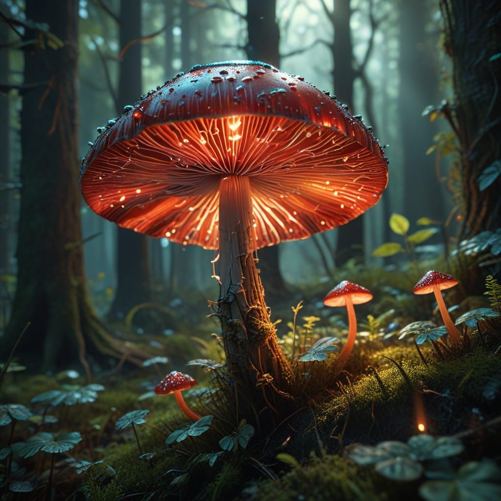 Bioluminescent Mushroom in Sunlit Forest