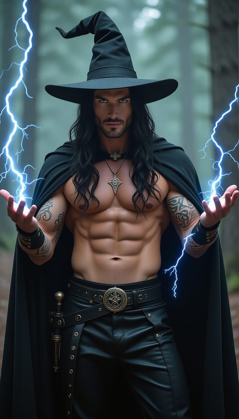 Muscular Male Witch Summoning Lightning in Forest
