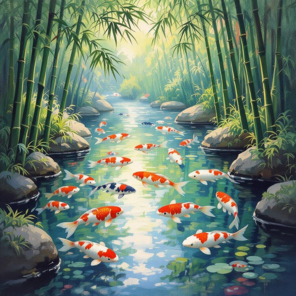 Impressionist Koi Pond in Bamboo Forest
