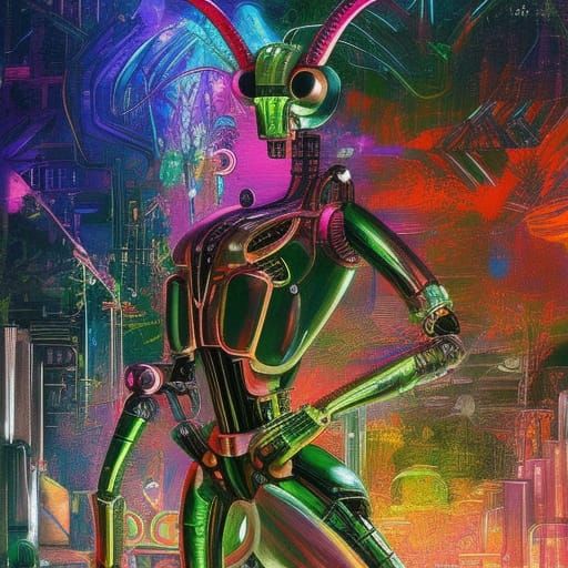 Cybernetic Praying Mantis in Biopunk Style