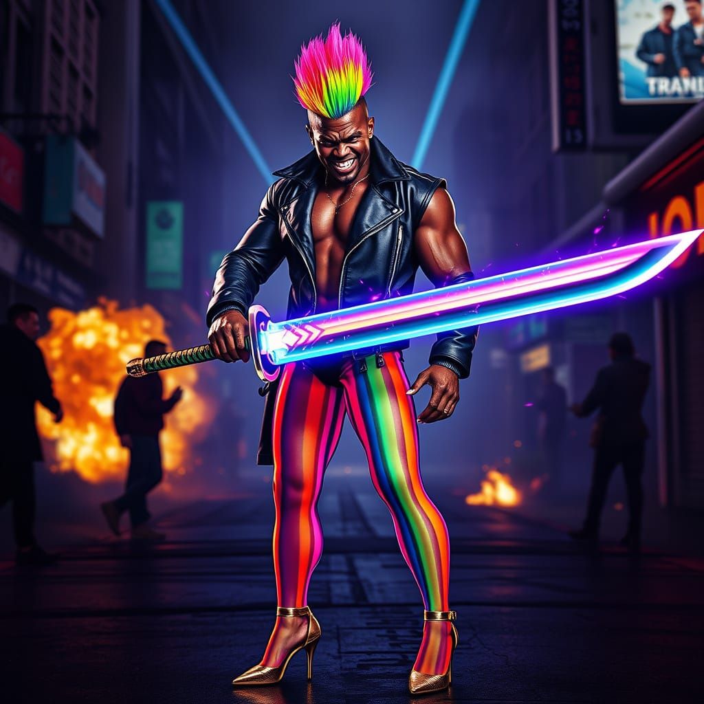 Cyberpunk Street Samurai with Rainbow Power Sword