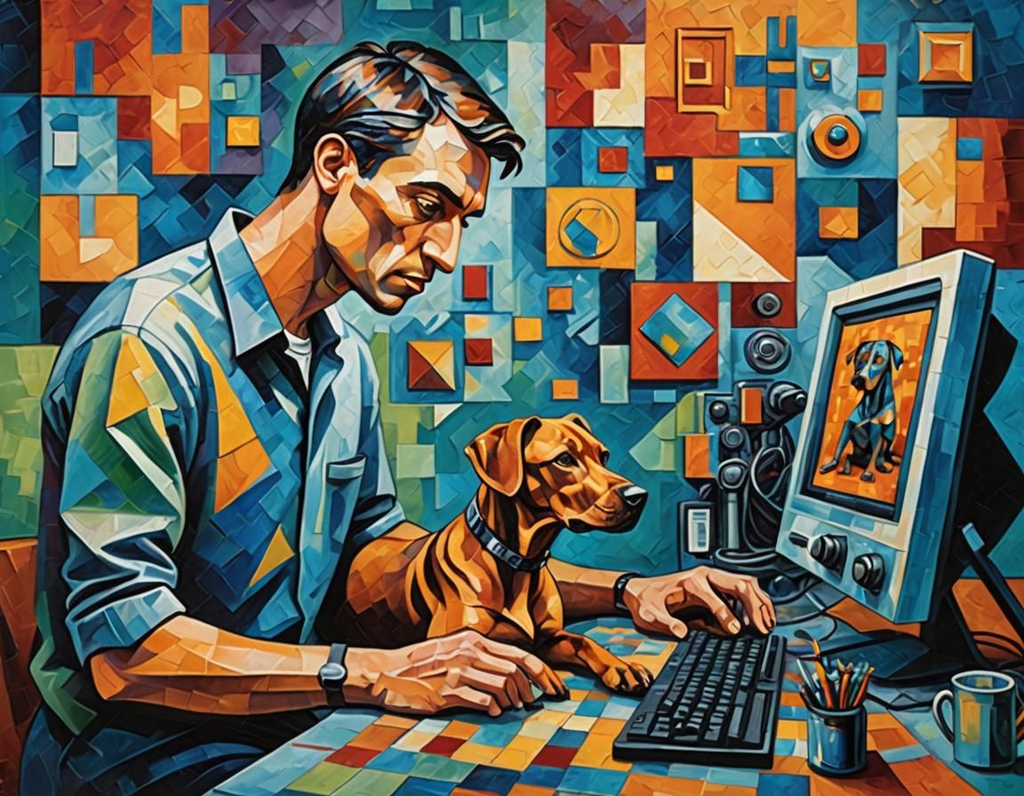 Cubist Lab Scene: Man, Dog, and Computer Chips