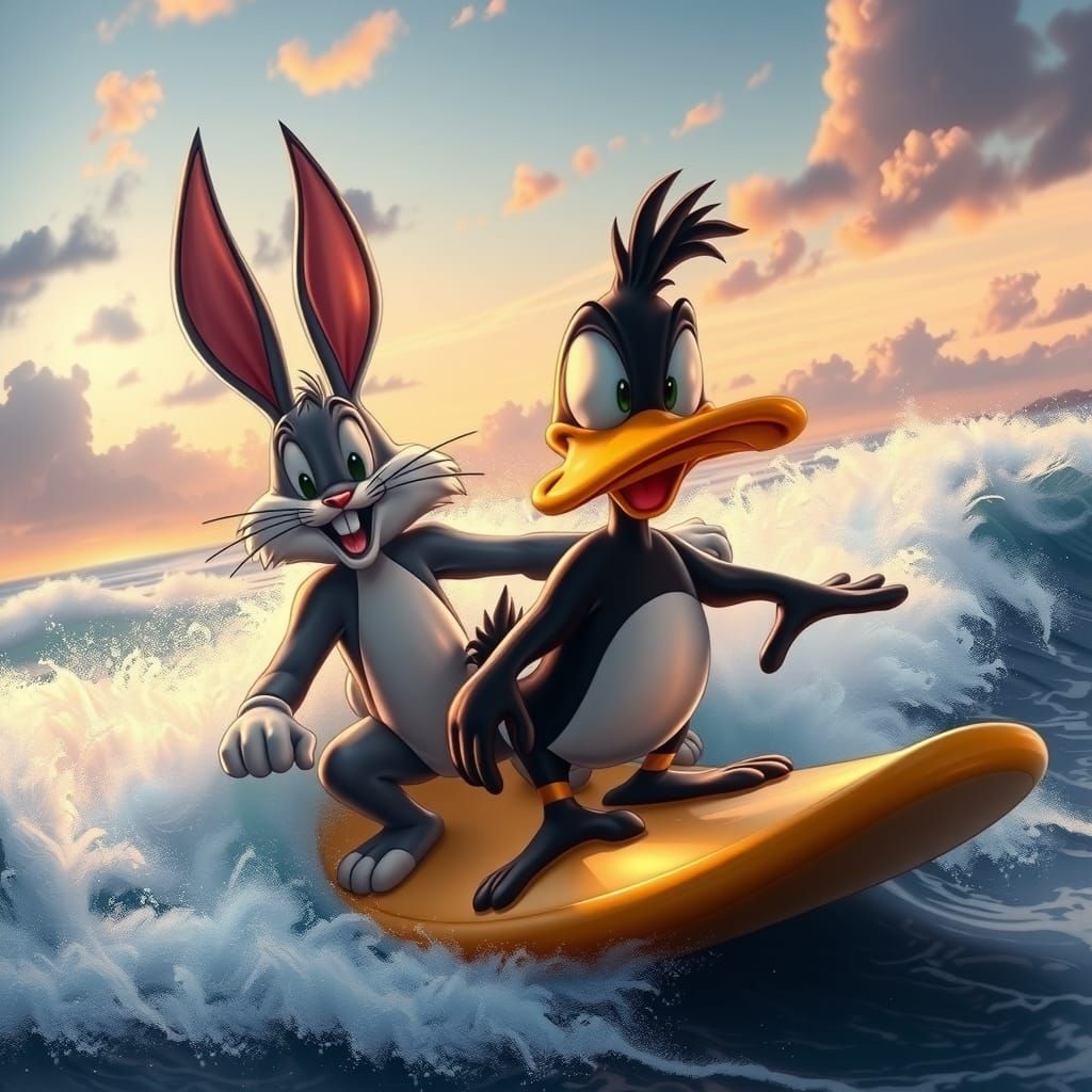 Bugs Bunny and Daffy Duck Surfing at Sunset