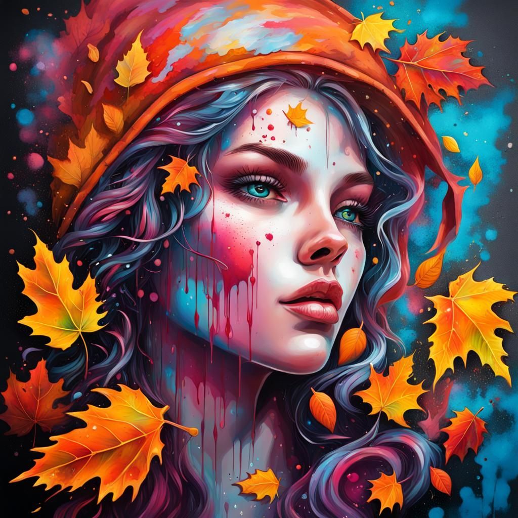 Moonlit Autumn Lady in Graffiti Street Art Style