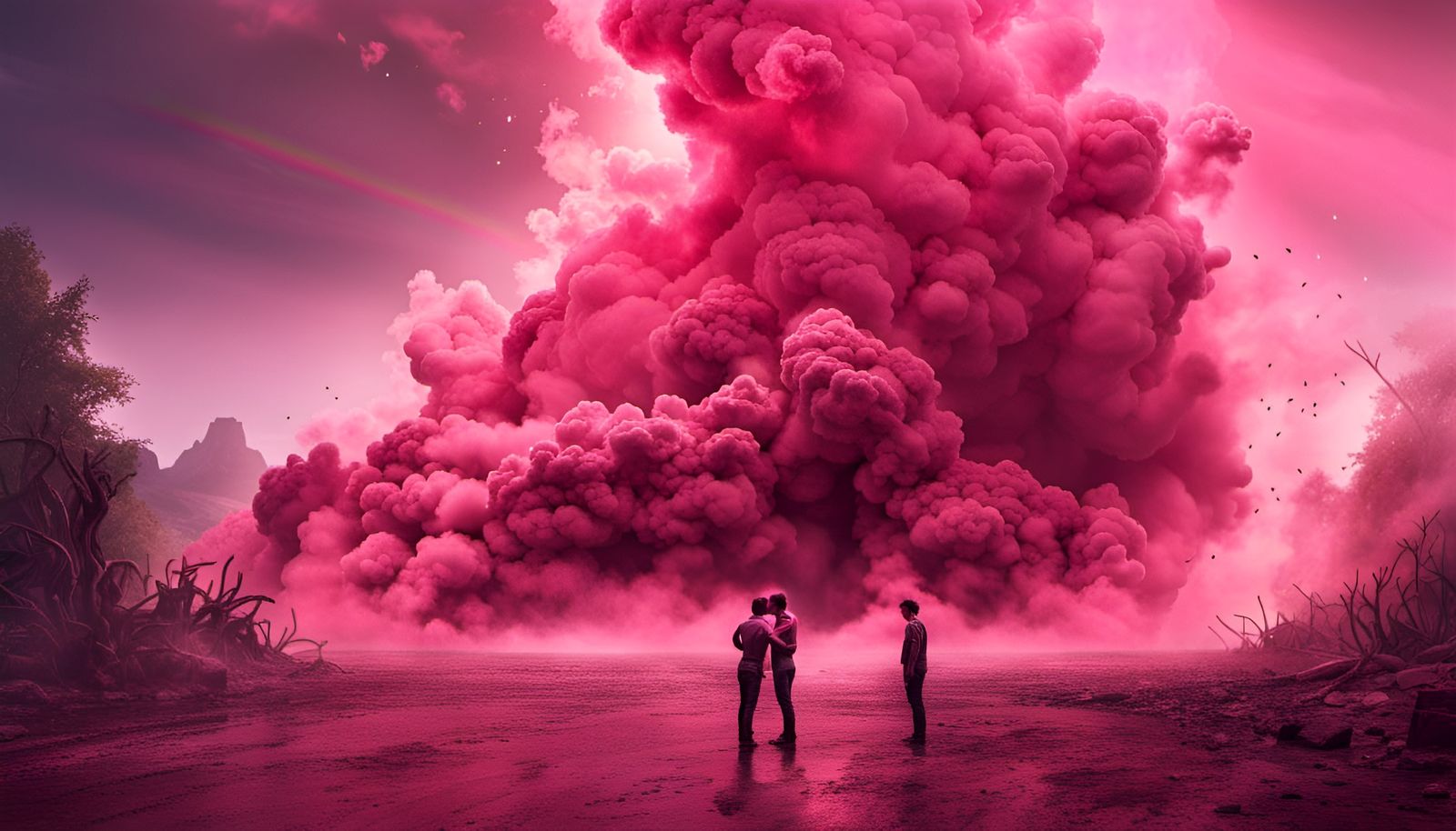 Passionate Kiss Amidst Pink Explosion, Detailed Matte Painti...