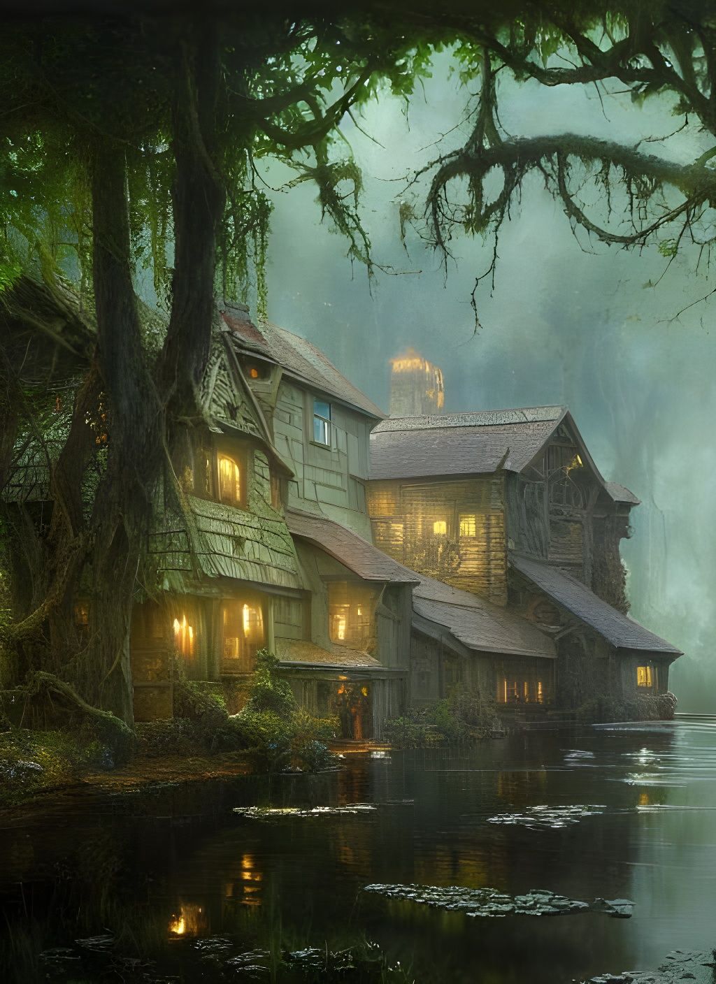 Medieval Village in Animalistic Swamp: Oil Painting
