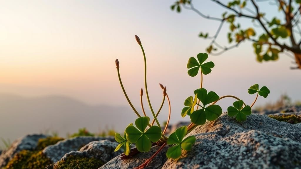 Clover, brass, gossamer, dusk, stone