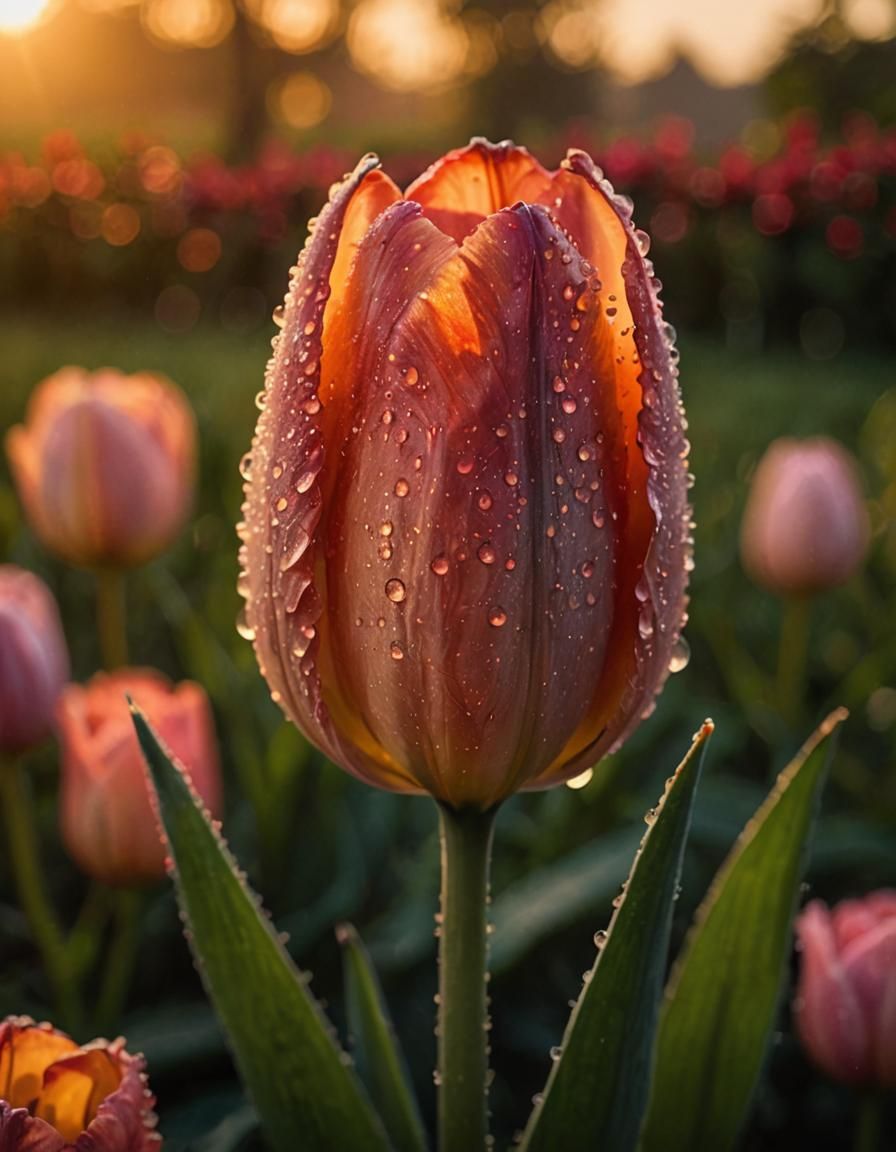 Dew-Kissed Tulip Macro at Sunset as Oil Painting