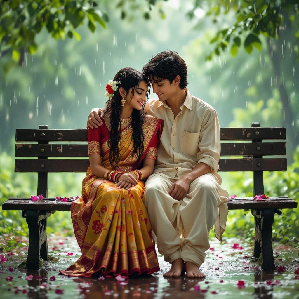 Romantic Scene of Couple in Rain, Ultra-Realistic Style