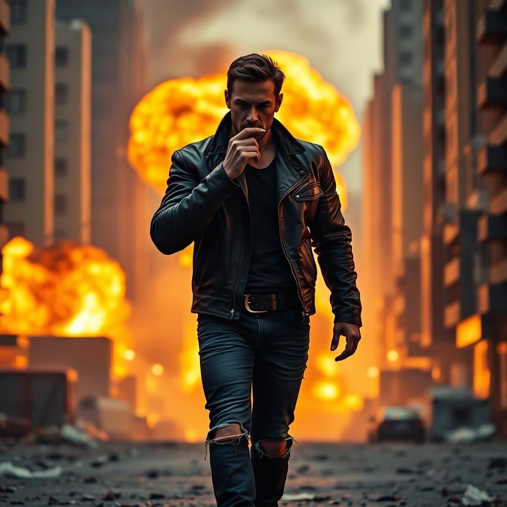 Man Walks Away From City Explosion in Cinematic Style