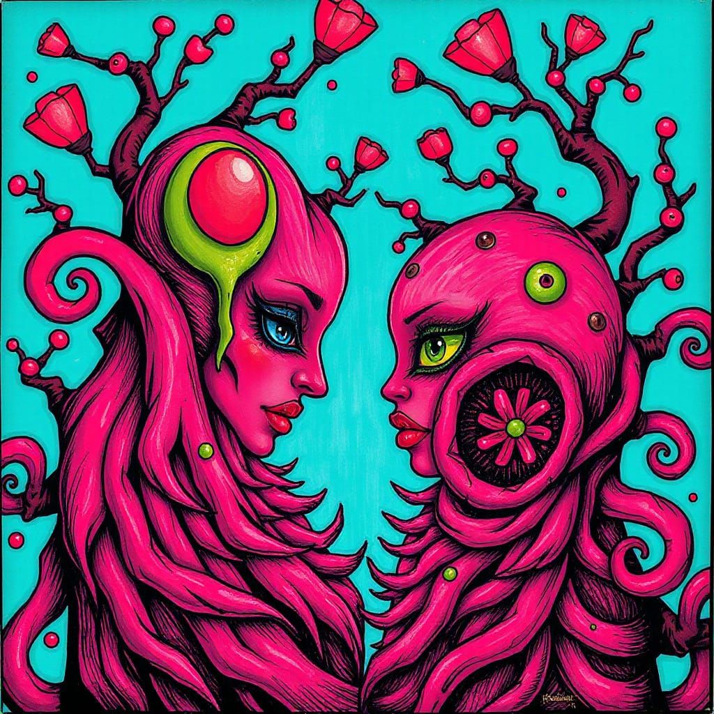 Surreal Ouroboros Doodle in Bright Sanguine and Turquoise