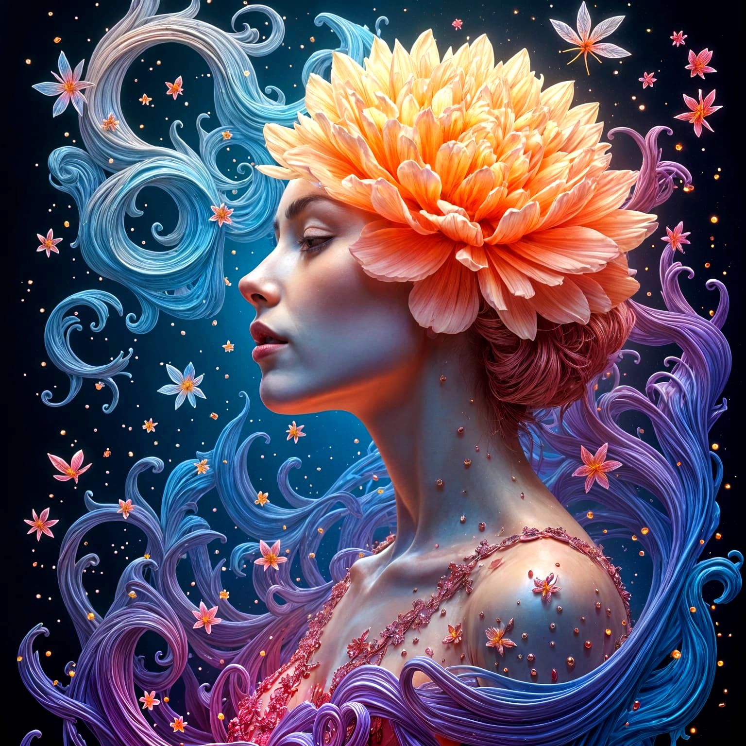 Goddess in Flowing Liquid with Rainbow Gradients