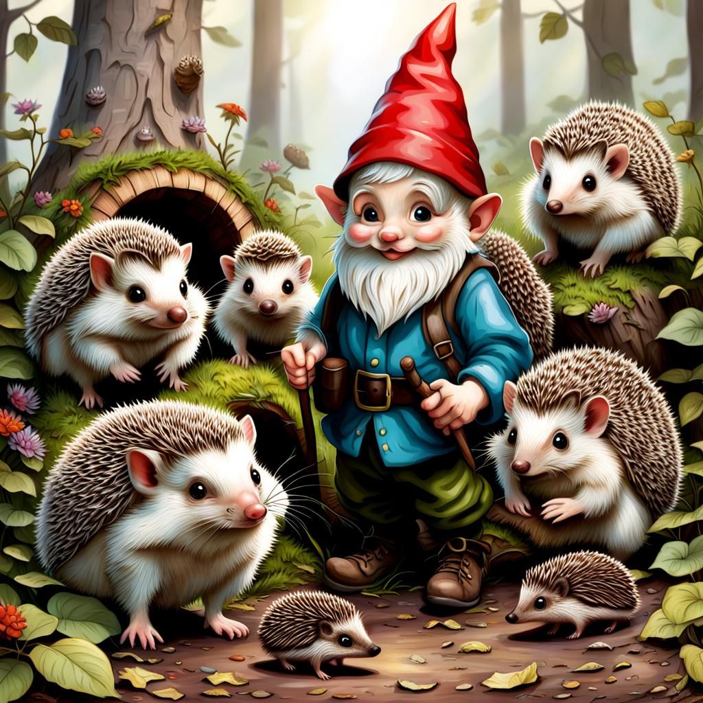 Gnome Children and Hedgehogs in Playful Scene