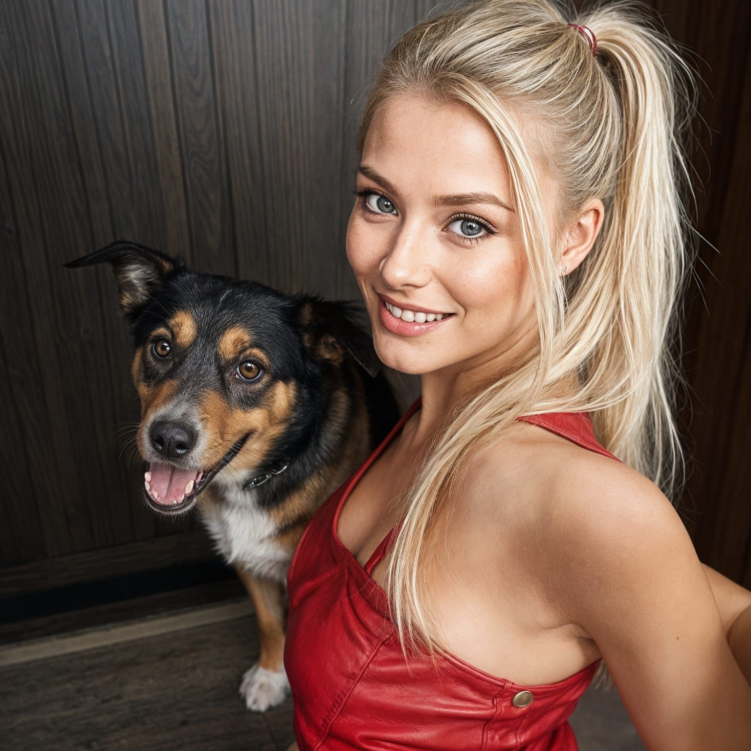 Blonde Woman in Red Dress Taking Selfie With Dog