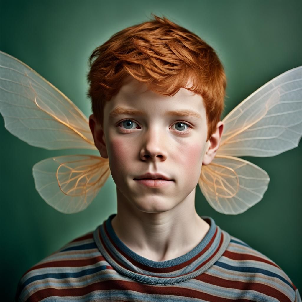 Ginger Fairy Boy Portrait with Broken Wings