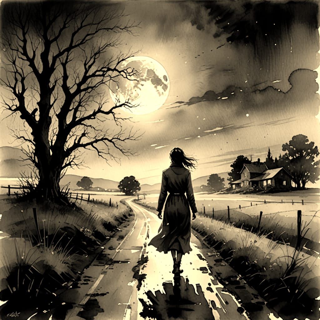 Ethereal Watercolor: Woman Walks Under Full Moon