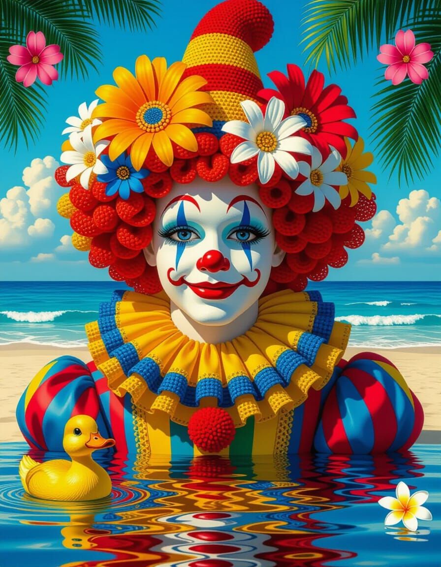Surreal Beach Circus Clown with Rainforest Reflection