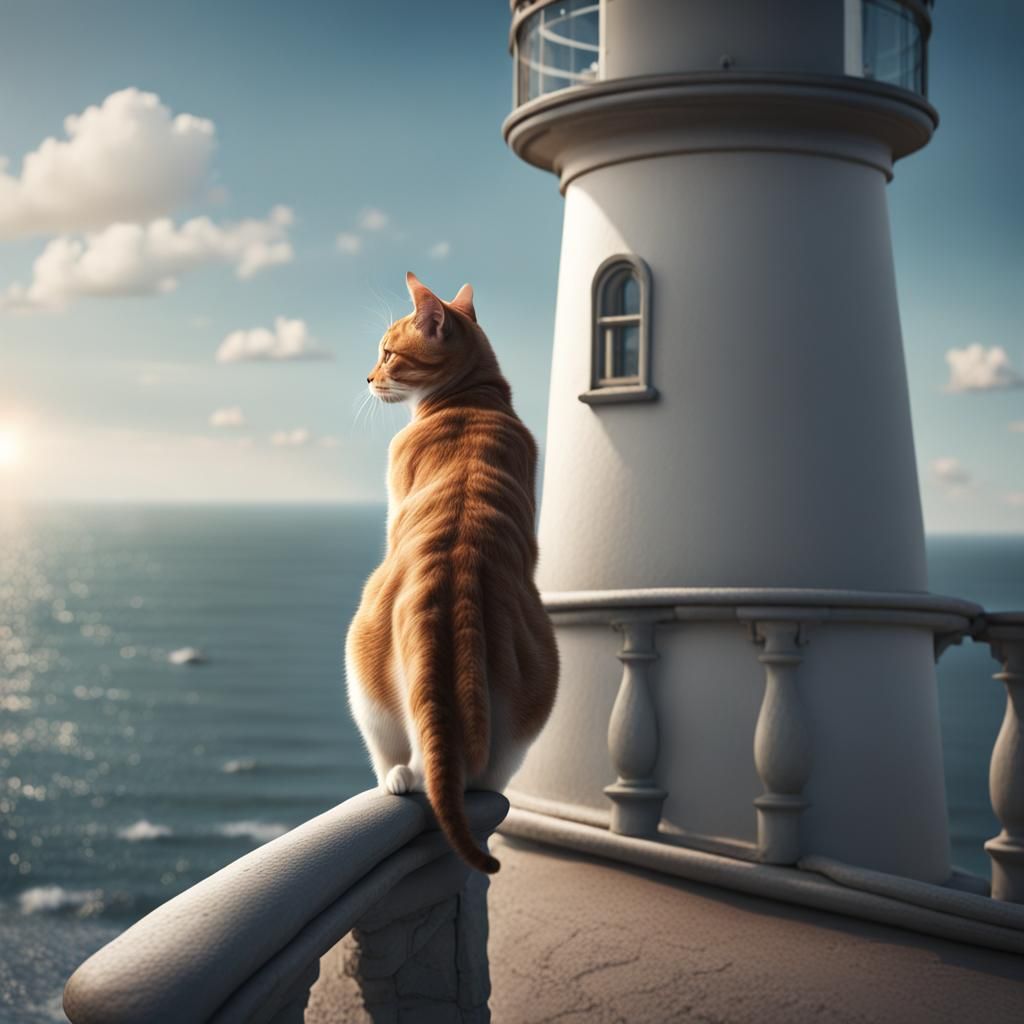 Cat on Lighthouse Overlooking the Sea
