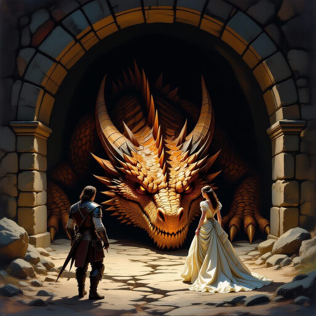 Fearsome Dragon Slumbers: Hero Leads Princess Past Cave