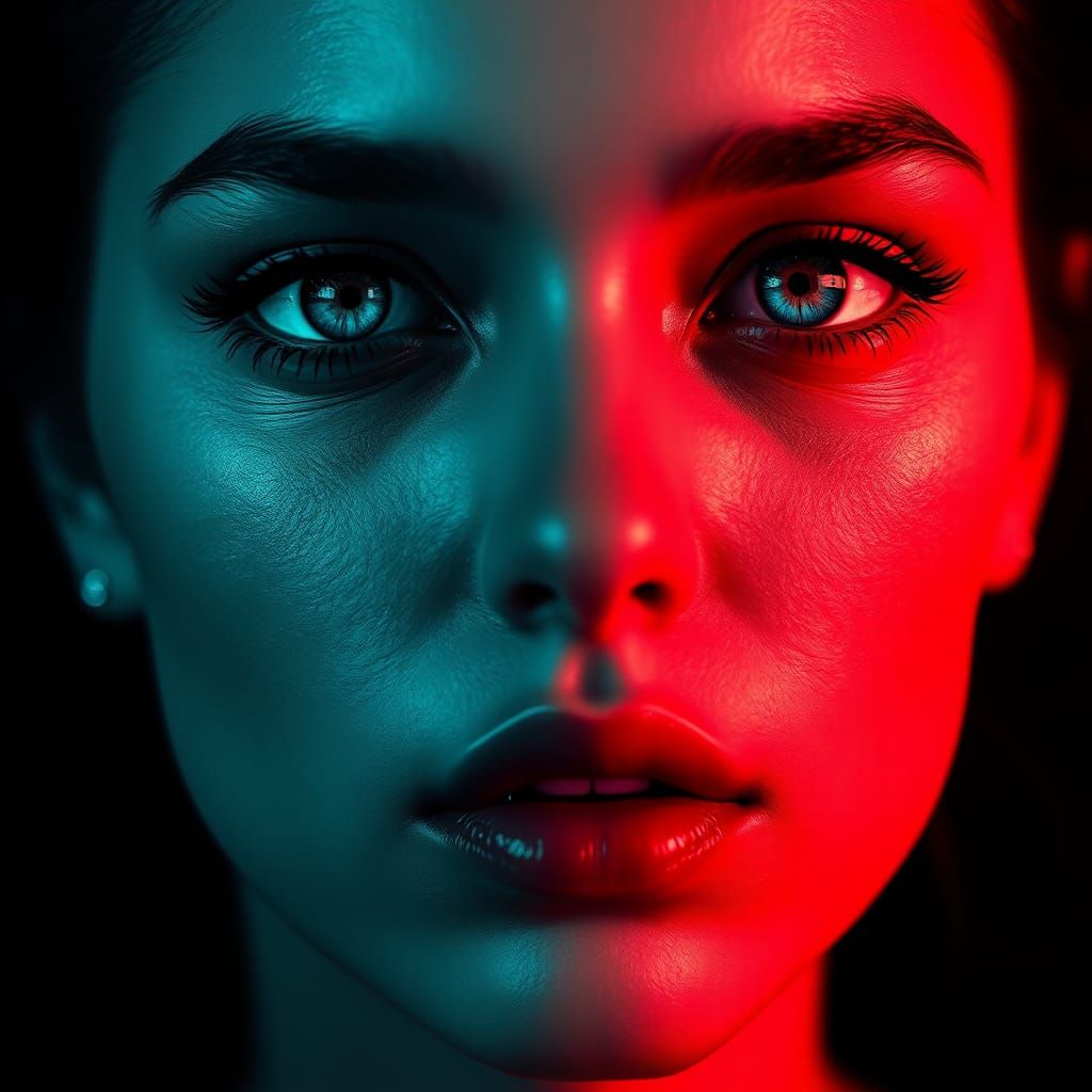 Surreal Grayscale Portrait with Red Lips and Blue Eyes