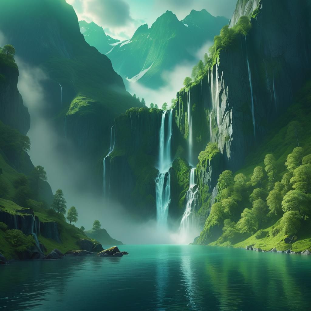 Mystical Fjord Landscape with Waterfall in Matte Painting St...