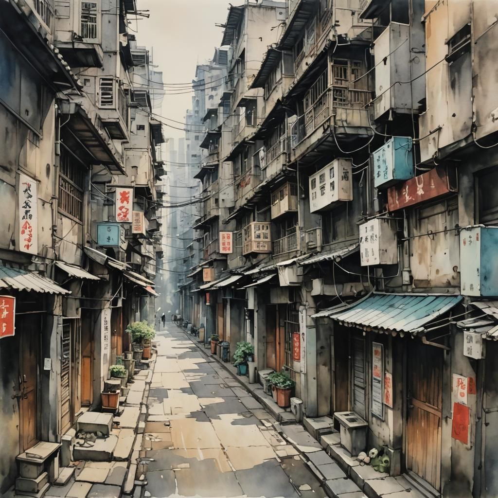 Kowloon Walled City Alleyway in Watercolor