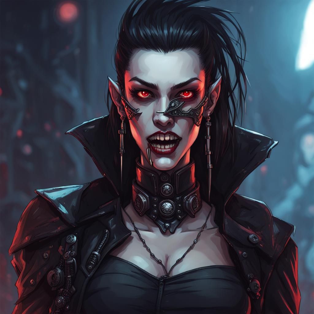 Cyberpunk Vampire with Large Fangs