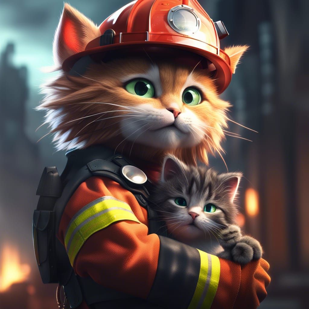 Furry Cat Firefighter Rescues Kitten in Hyperrealistic Art
