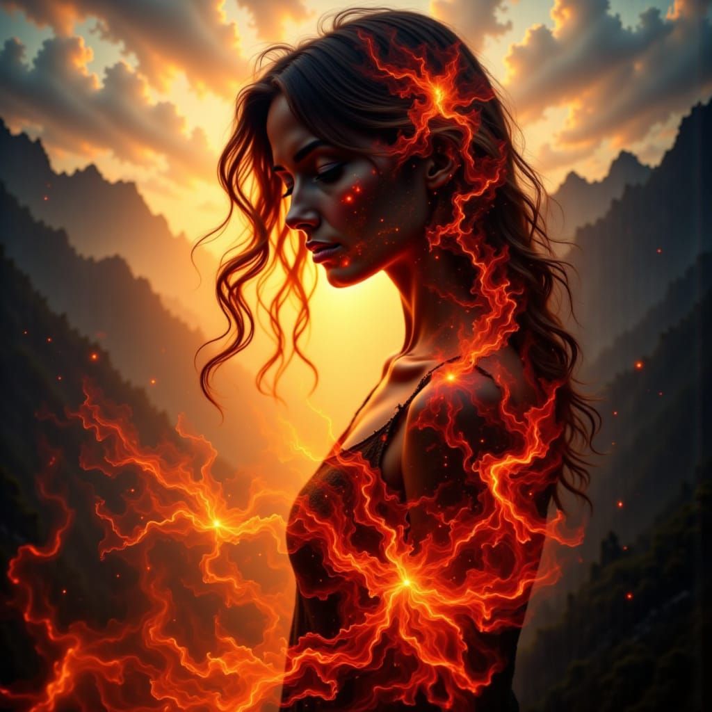 Surreal Double Exposure of Woman with Fiery Reds and Golden ...