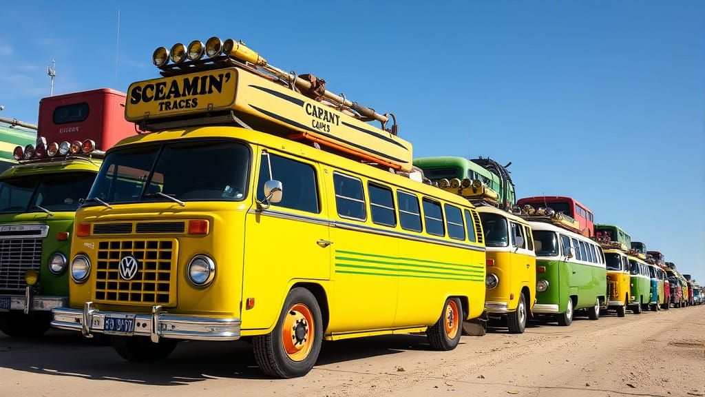 Vibrant Trucks and a Bright Microbus in a Chaotic Landscape
