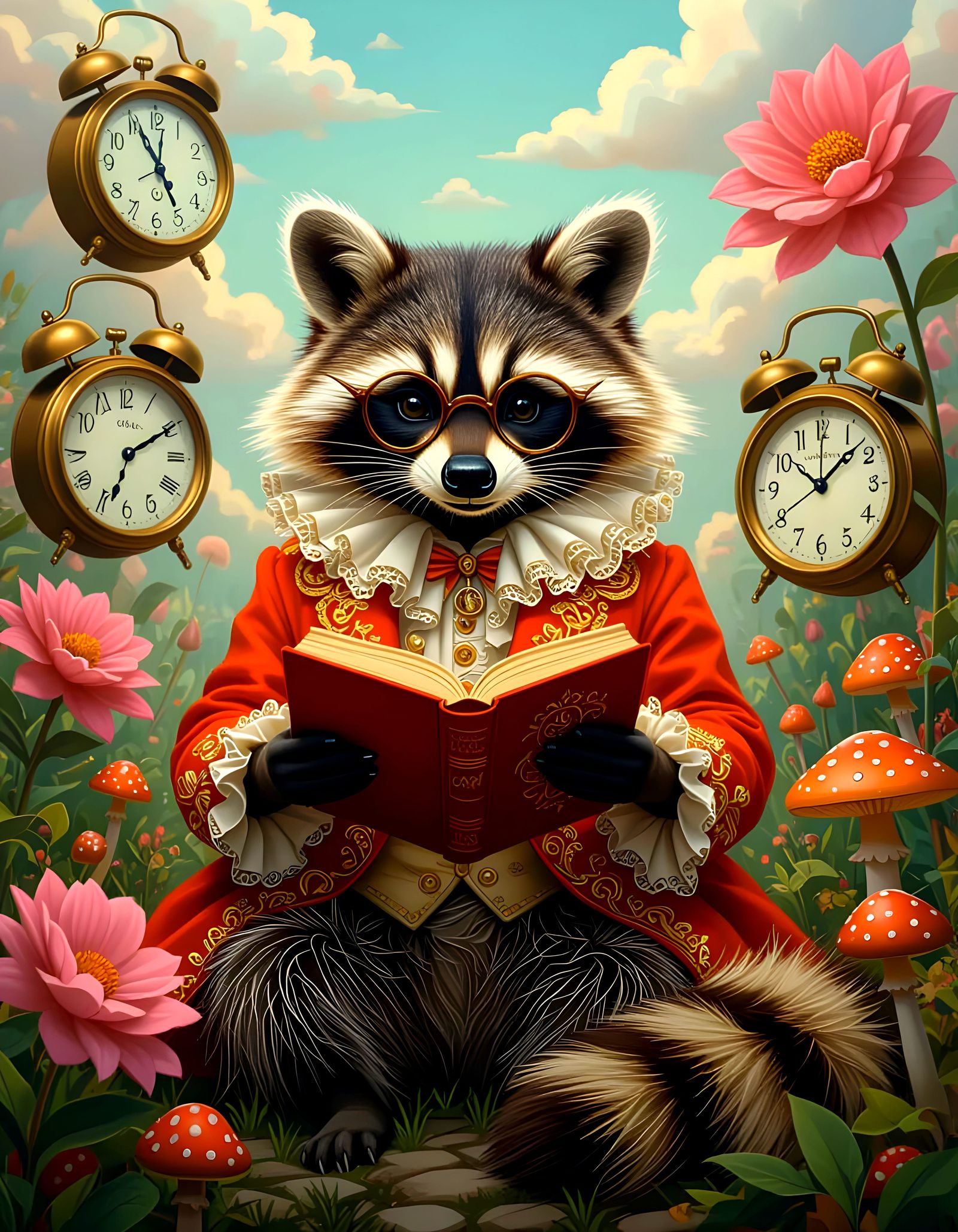 Raccoon Reader in Whimsical Wonderland